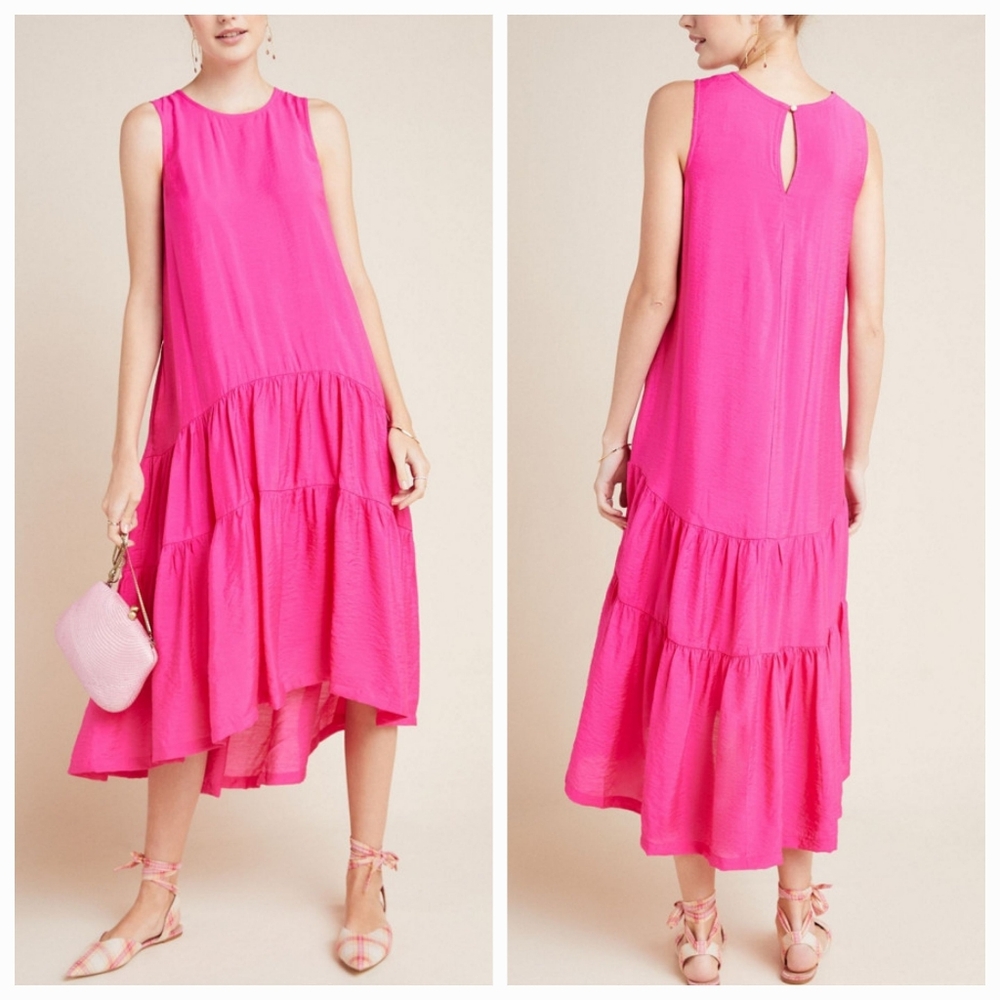 Maeve Hot Pink Tiered Midi Dress
